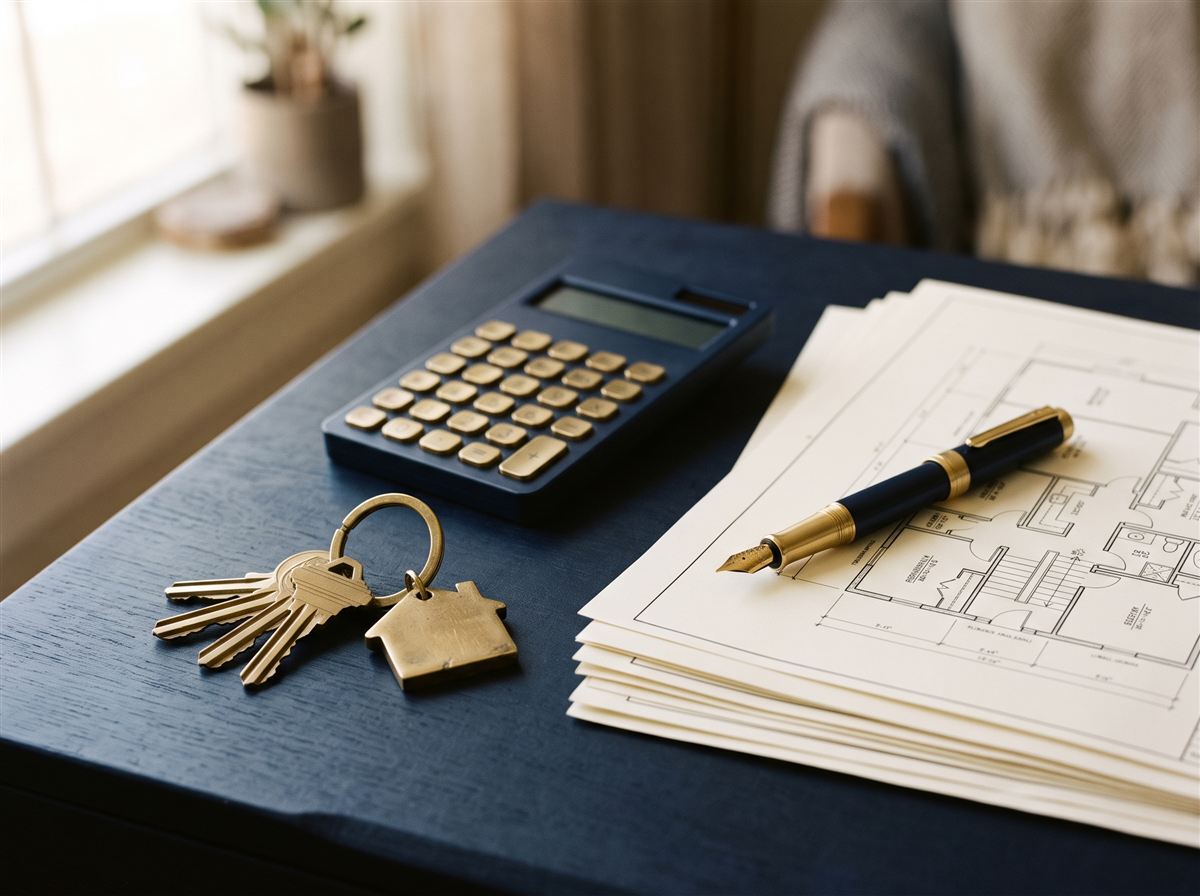 Llaves de casa, calculadora y planos sobre un escritorio