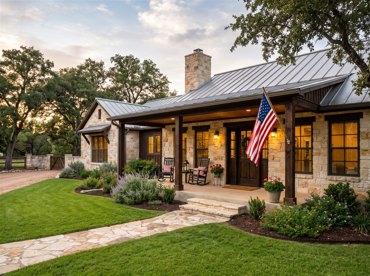 Casa estilo rancho en Texas con bandera estadounidense en el porche